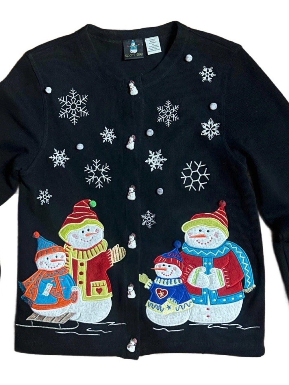 Sport Elle ~ Medium ~ Black/White  ~ Embroidery Snowman/Snowflakes ~ Sweater